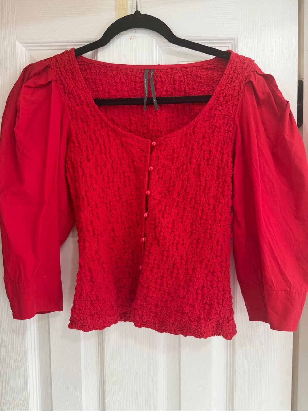 Anthropologie Red Smocked Button-Front Puff Sleeve Top
